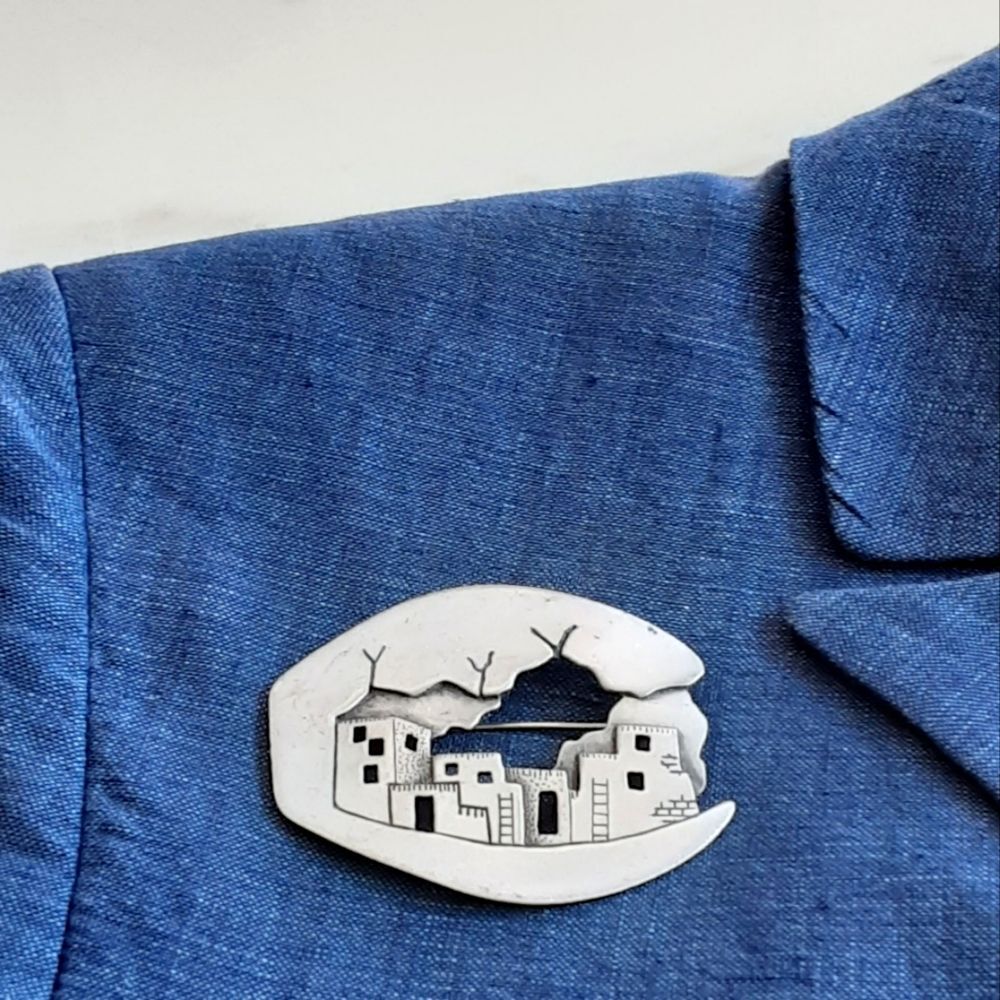 Vintage JJ Jonette Jewelry Pewter Santa Fe Pueblo Village Pin Brooch 1988 Signed